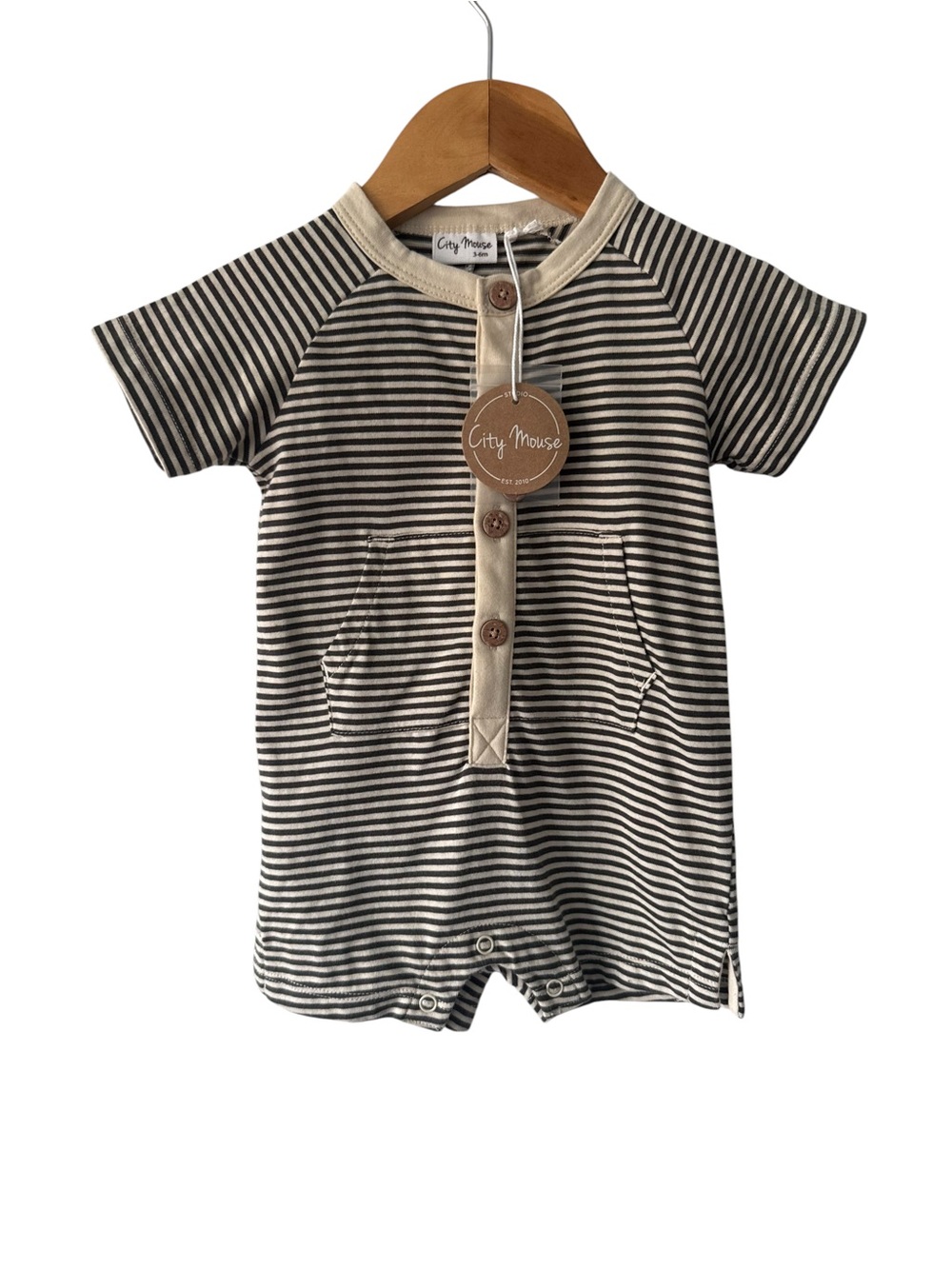 City Mouse Striped Baby Romper in Brown & Cream Neutral New 3/6 months